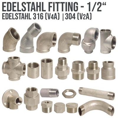 Edelstahl Fitting Fittings Gewinde Nippel Winkel Bogen Muffe V4A 316 - 1/2''
