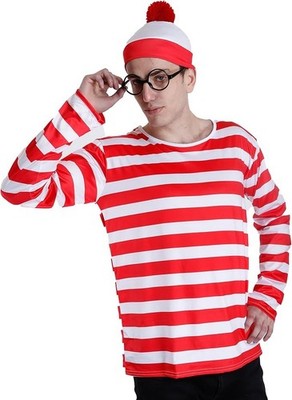 Find me Wally Costume 3 pc Set Red and White Stripes Halloween Men's Cosplay New