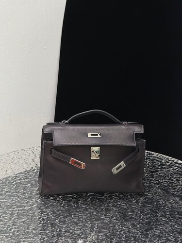 AUTH Hermes Kelly Mini I Ebony Evergrain Leather Silver HW Top‑Handle Handbag