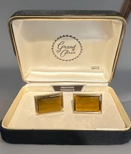VTG Swank Genuine Tiger Eye Cuff Links Grand Prix Gold Tone *unmarked*