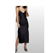 Black Satin Midi Slip Cowl Back V-Neck Side Slit Sleeveless Evening Dress SZ 10