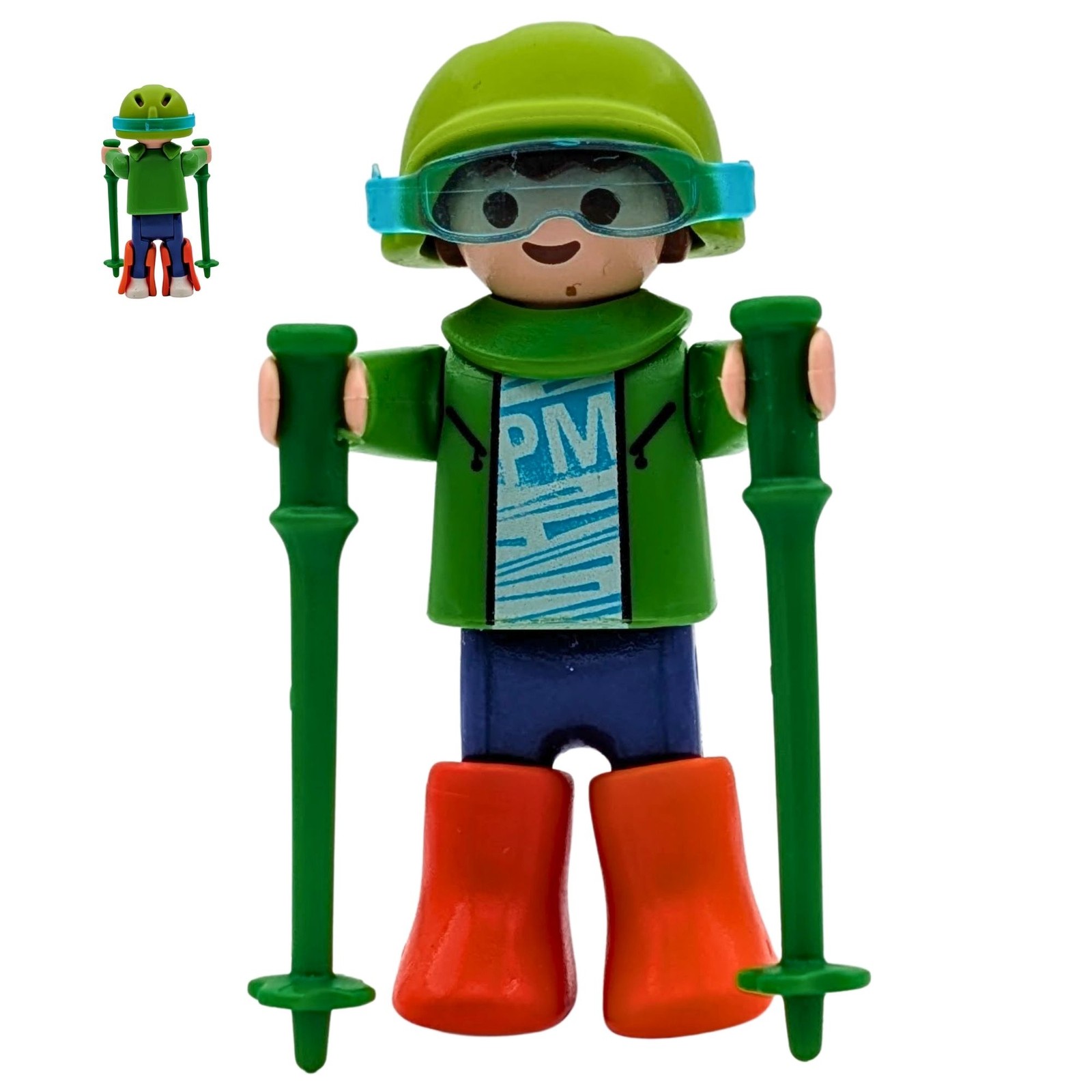 Playmobil figura niño verde palos nieve casco botas granja ciudad