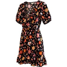 Miss Selfridge NWT Wrap Mini Dress Black Floral Ruffle Retro 70s Womens Size 4