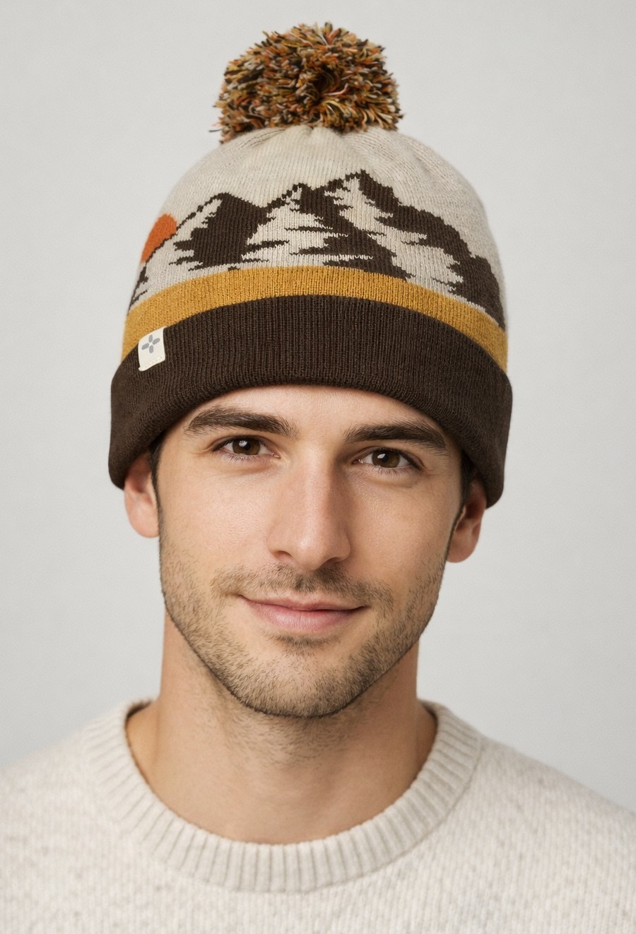 New Mens Sun + Stone Mountain Print Multi  Pom Pom Cuffed Beanie Hat One Size