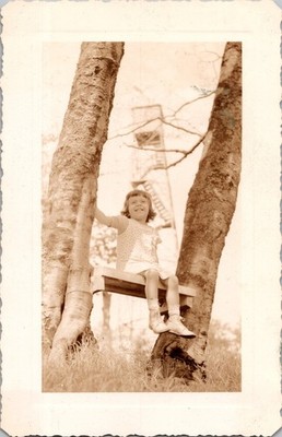 Vintage 1950s Sepia Photo Smiling Girl on Tree Swing Fire Lookout Tower