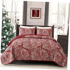 Paisley Quilt Set Size Boho Quilt Bedspread Set 3 Pieces, Soft King Red