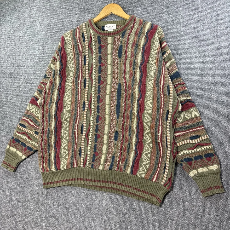 Suéter De Colección Estilo ALFANI Coogi Para Hombres XL Verde Oliva Rojo Años 90 Tejido 3D Texturizado Foto 2 de 4