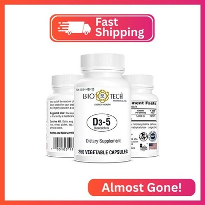 Bio-Tech Pharmacal D3-5 (5000 IU), 250 Vegetable Capsules   All-Natural Suppleme
