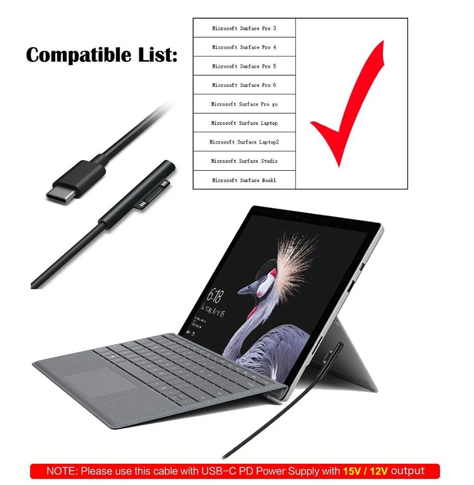 Type C to 15V Charging Cable For Microsoft Surface GO /Pro 6 /5/ 4/3/Laptop 1/2 - Image 2 of 4