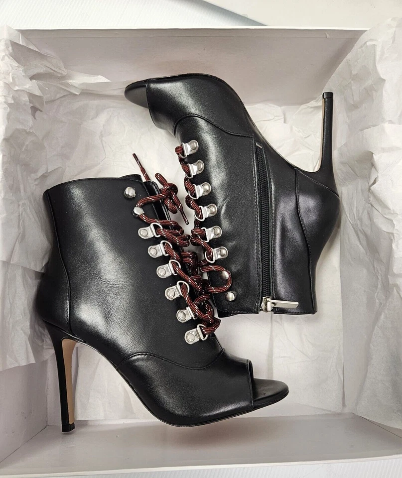 Charles David 5M Charlye Botas de Tacón Alto Cuero Negro Rojo Con Cordones Peep-Toe 3.75" Foto 4 de 4