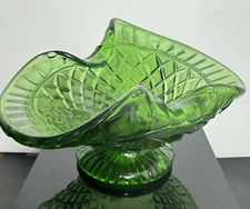 Footed Green Glass Candy Dish Curled Edges
