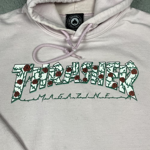 Thrasher Magazine Sweatshirt Youth Medium Pink Pullover Hoodie Red Roses Rare M - Picture 3 of 12