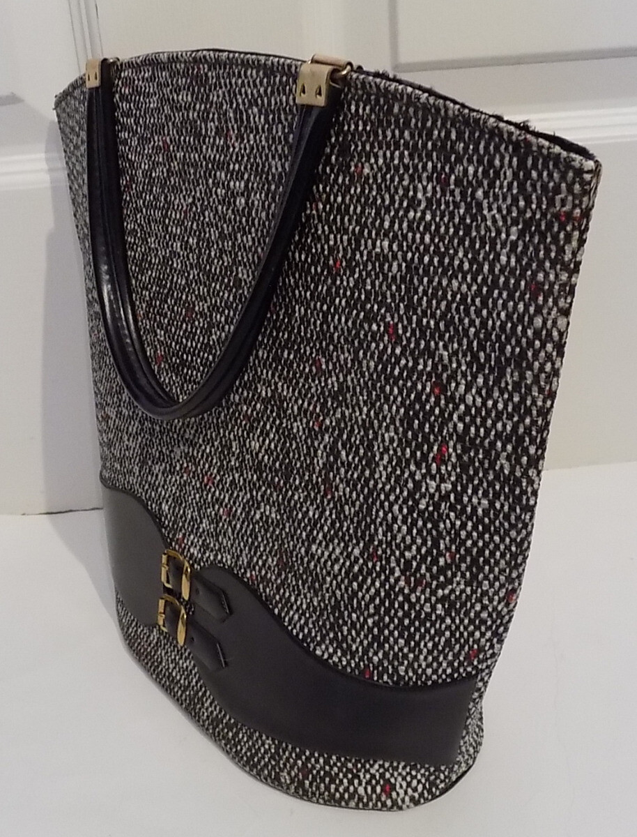 NOS Vintage 50s 60s Black White Vinyl Tweed Tote … - image 3