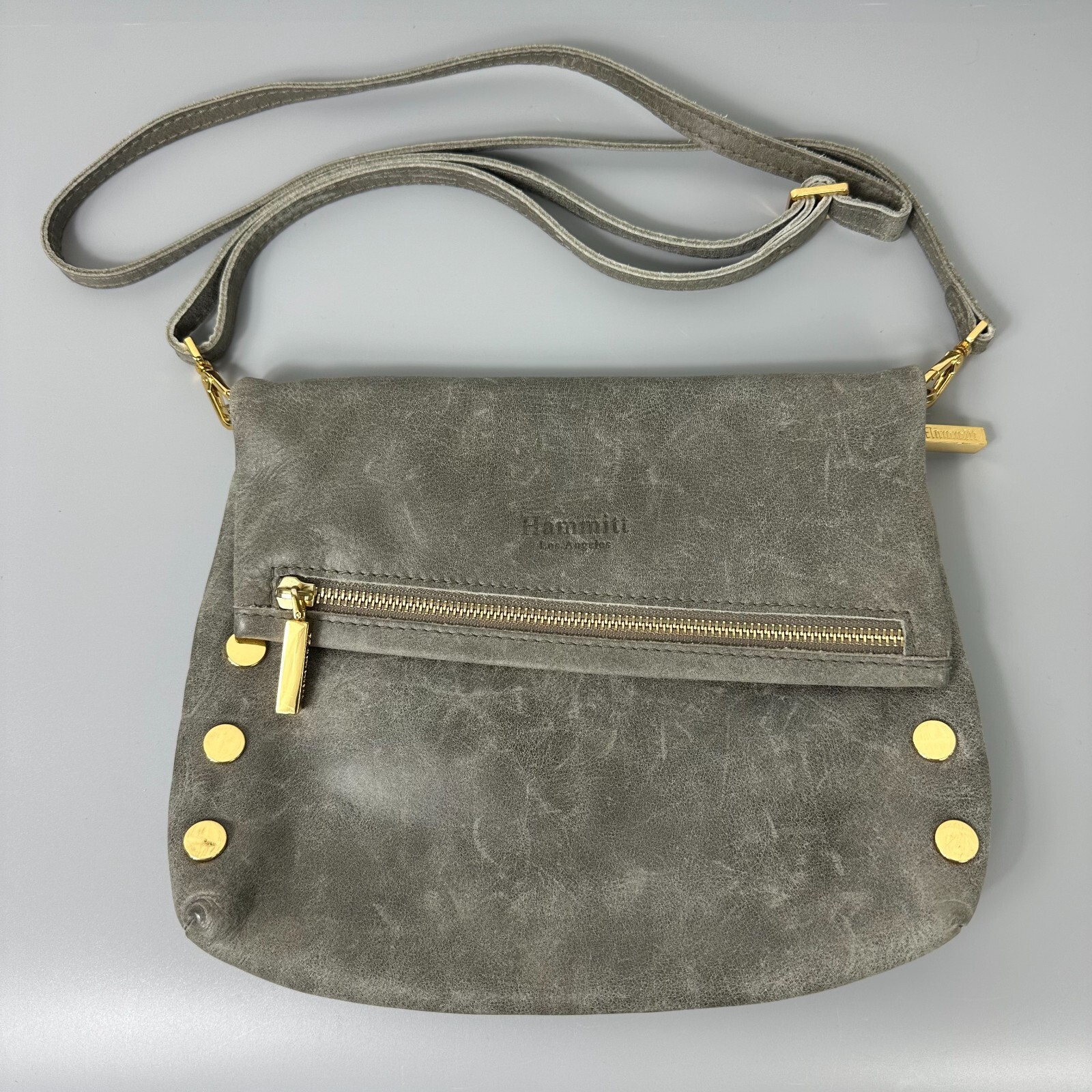 Hammitt VIP FoldOver Grey Nubuck Natural Leather Crossbody Bag Purse