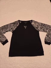 Attention Sheer Long Sleeve Blouse Women's Small Black Top Printed Sleeves