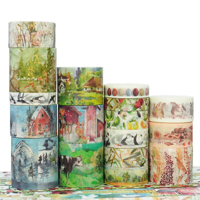 17 Rolls Forest Washi Tape Set Wide Gold Foil Mountain Fields Animals Craft Tape