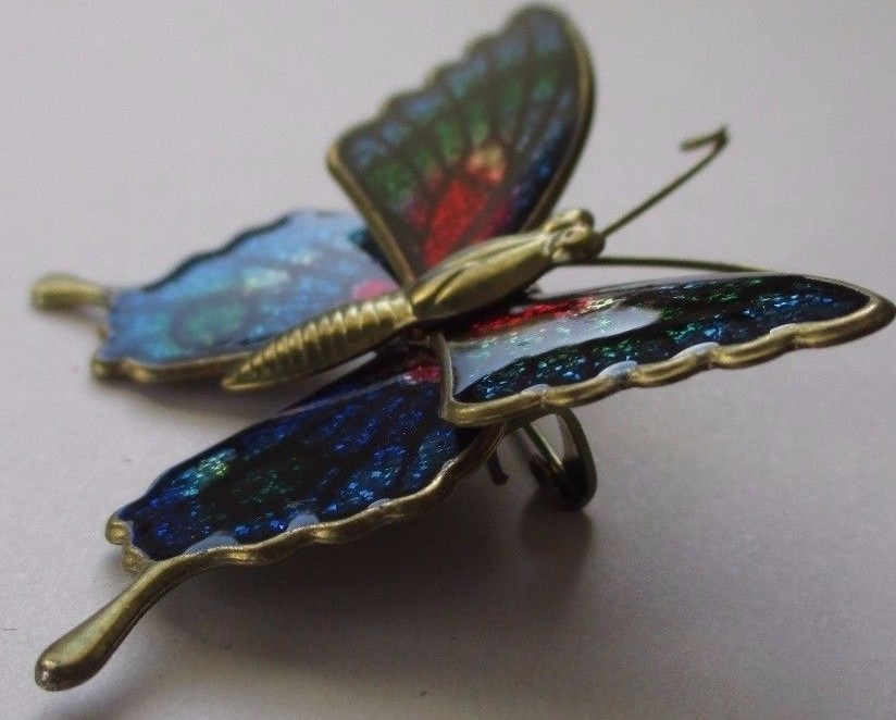 Broche Bijou Vintage En Or Et émail Forme Papillon - Légère Et Fine - Occasion, Référence 4170