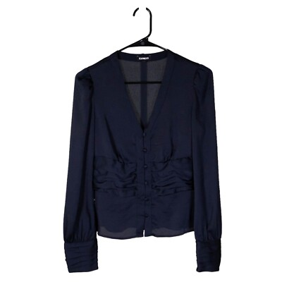 #ad Express Womens S Navy Blue V Neck Ruched Blouse Button Down Business Casual Top $12.99