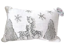 Christmas Trees Reindeer Throw Pillow Holiday Natural/Beaded Pearl/Silver 15×10