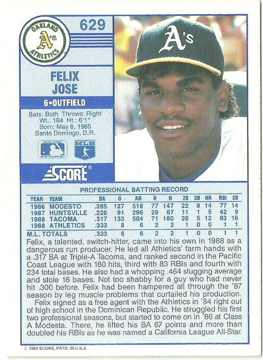FELIX JOSE OAKLAND ATHLETICS - ROOKIE#629 - SCORE NM-MT 1989 | eBay