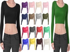 Womens Long Sleeve Crop Top TShirt Ladies Girls Scoop Crew Neck Crop Shirt Top