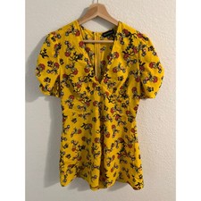 Yellow Floral Playsuit Romper PrettyLittleThing Puff Sleeve Size 8 Cottagecore
