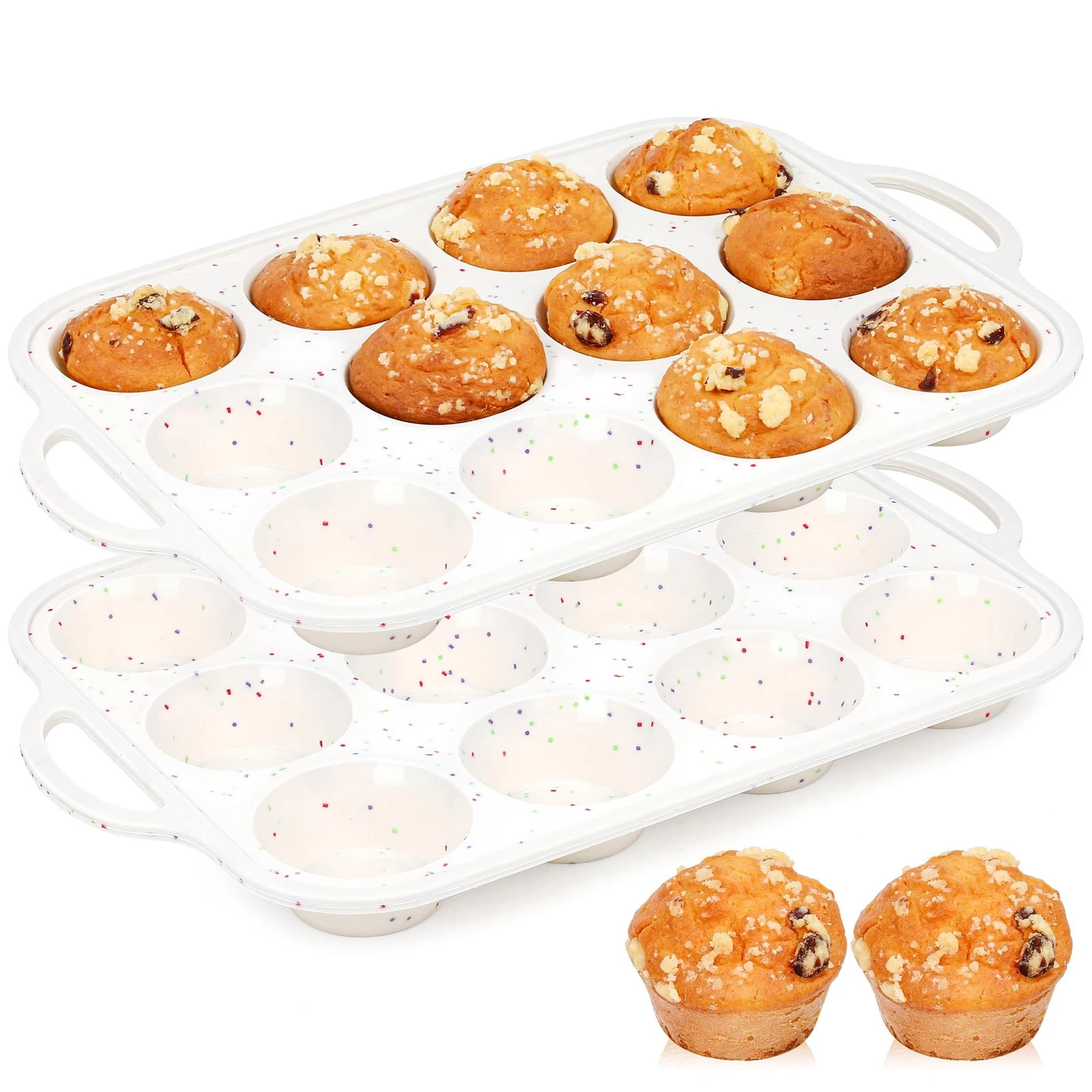 2 PCS Silicone Muffin Pan for Baking with Metal Frame 12 Cup Cream