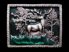 KF13154 NOS VINTAGE 1970s  BULL ELK STANDING IN FIELD  PEWTER BELT BUCKLE