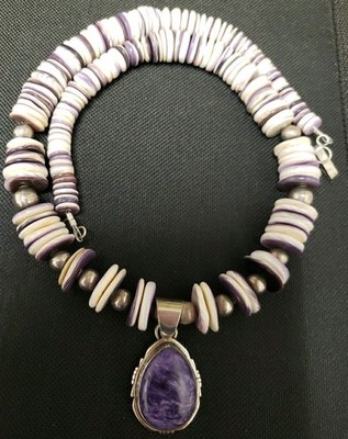 NAVAJO STERLING SILVER CHAROITE PENDANT & WAMPUM NECKLACE.