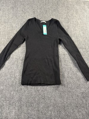 Pink Clover Women's Black Ribbed V-Neck Pullover Sweater Long Sleeve M