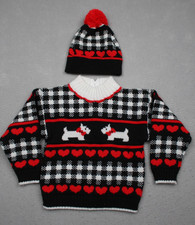 Scottie Dog Sweater Hat Set Toddler 3T Black Red Hearts Check Winter 1/4 Zip