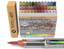 36 Earth Tones Flexible Brush Acrylic Paint Pens AUTOMATIC FLOW CONTROL 1-5mm