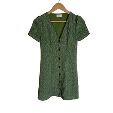 Sage The Label Green Polka Dot Button Front Mini Dress V-Neck Puff Sleeve XS