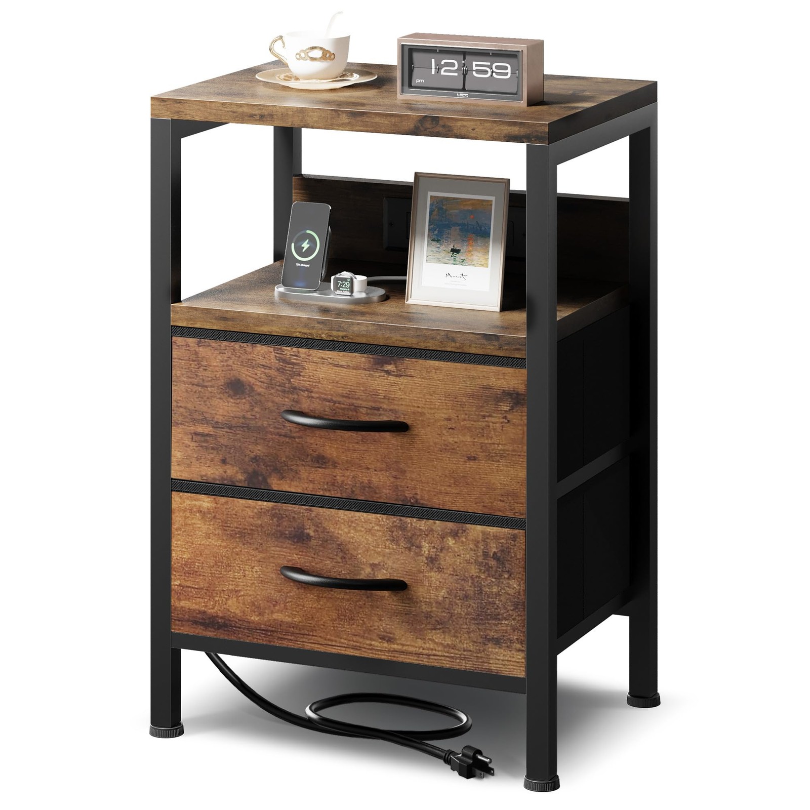 Brown Nightstand with USB Charger - Bedside Table for Bedroom Storage-image