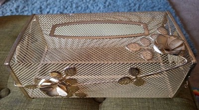 VINTAGE GOLD MESH METAL FLOWERS TISSUE KLEENEX BOX COVER HOLDER VANITY TAIWAN