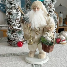 Woodland Santa Claus Figure with Bell Basket of Geese Cream Christmas 12"