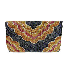Vintage La Regale Evening Bag Clutch Purse Beaded Satin Black Gold Purple Beads