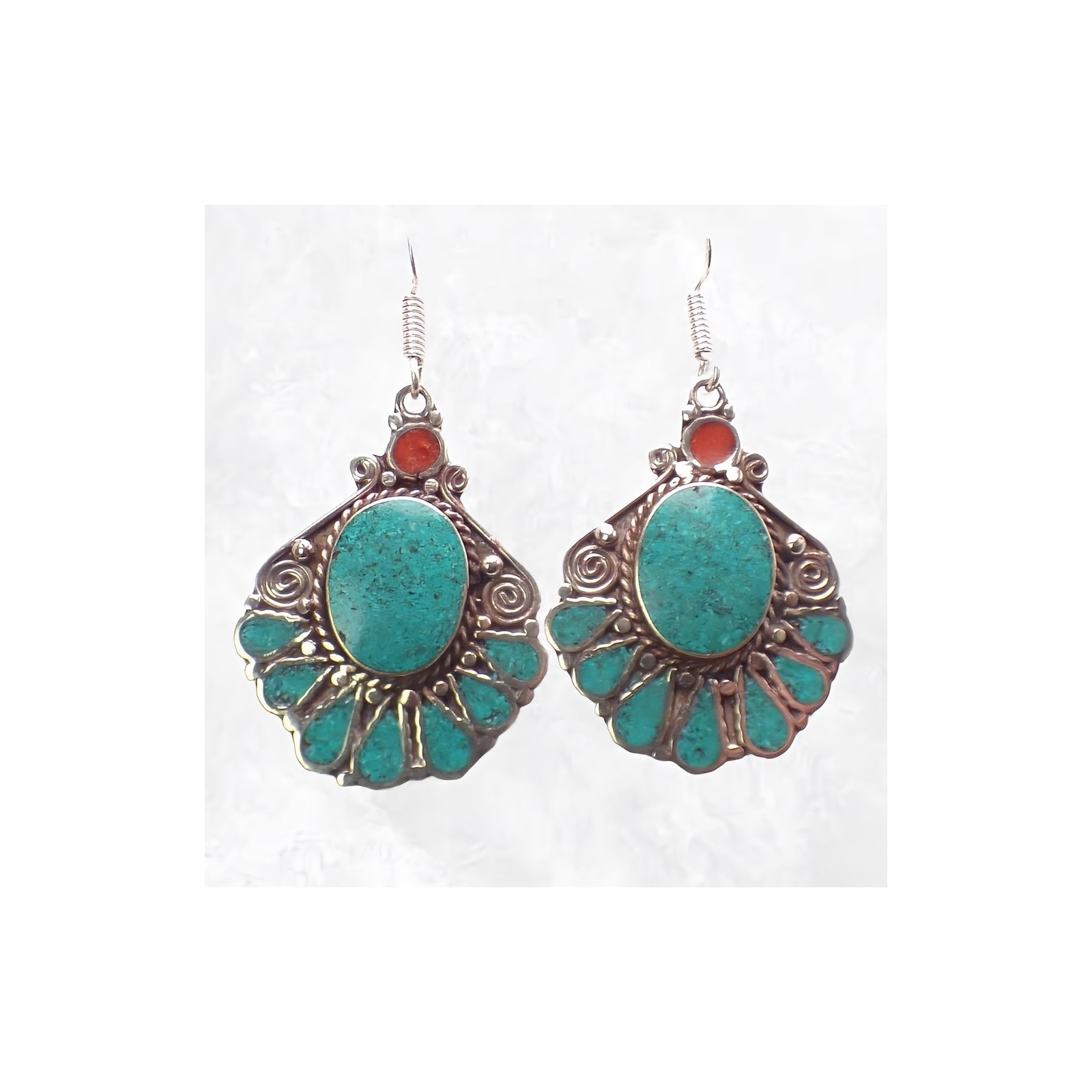 Boucles d'oreilles tibétaines pendantes fleur LBOT34 bijou ethnique vintage