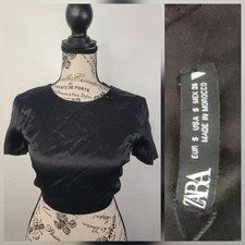 Zara Strappy Cami Crop Top SZ Small Black Satin Open Strappy Back Festival New