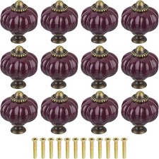 12pcs Dark Purple Pumpkin Knobs, Vintage Drawer Pulls with 12 Screws, Ceramic