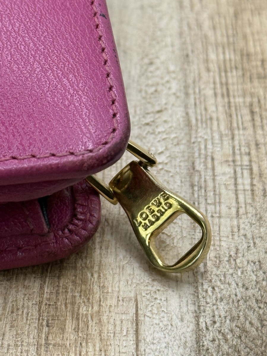 LOEWE Pink Leather Wallet Gold Anagram Logo Zip Around Bifold