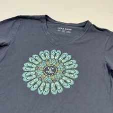 Life Is Good Shirt Womens XL Blue Crusher V-Neck Graphic Mandala Flower Tee