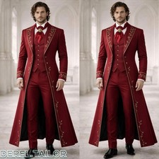 Royal Prince 3 Pcs Suit Gold Embroidery Long Jacket Wedding Prom Formal Costume
