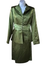 Kay Unger 100 Silk Green Satin Peplum Skirt Suit Y2K Dynasty Glam Sz 4