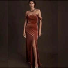 Jenny Yoo Issa Velvet Bridesmaid Off Shoulder Maxi Dress in Cinnamon Rose Sz 4