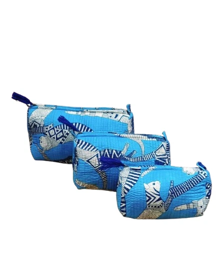 Indian Blue CAT Print Cotton Quilted Toiletry Purse Cosmetic Storage Bag Of 3 Pc