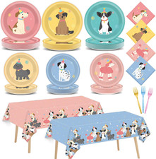 98Pcs Pet Dog Birthday Party Supplies Retro Puppy Themed Paper Plates Napkins Pu