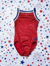 Girls GK ELITE Gymnastics Dance Patriotic USA Foil Leotard Adult S AS