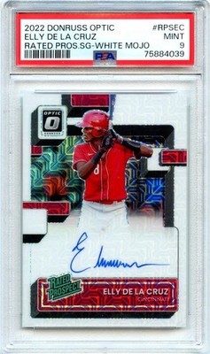 ELLY DE LA CRUZ 2022 DONRUSS OPTIC WHITE MOJO ROOKIE AUTO JERSEY # 44/49 PSA 9