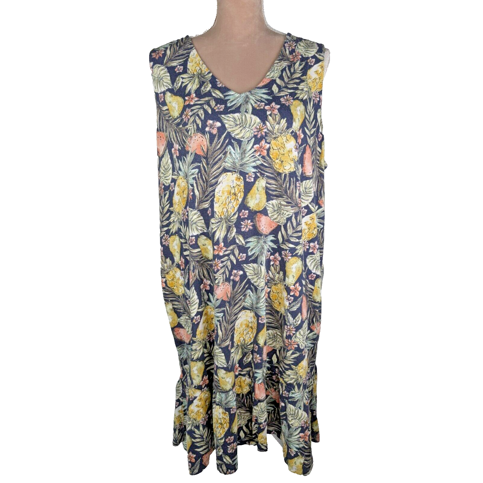 J Jill Flounced Hem Knit Dress Pineapple Print Sleeveless Casual Pullover XLP